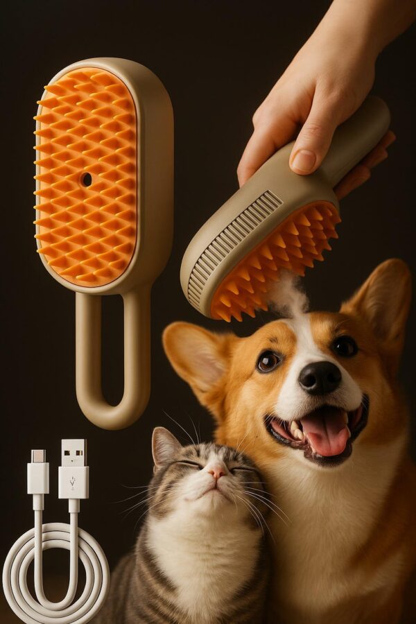 Escova Multifuncional Pets – Banho, Massagem e Remoção de Pelos com Spray de Vapor